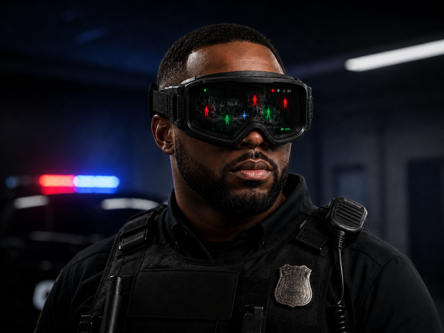 Concept render: law enforcement officer wearing DefenseRyT Tech Goggles, occupant positions shown in the lens
