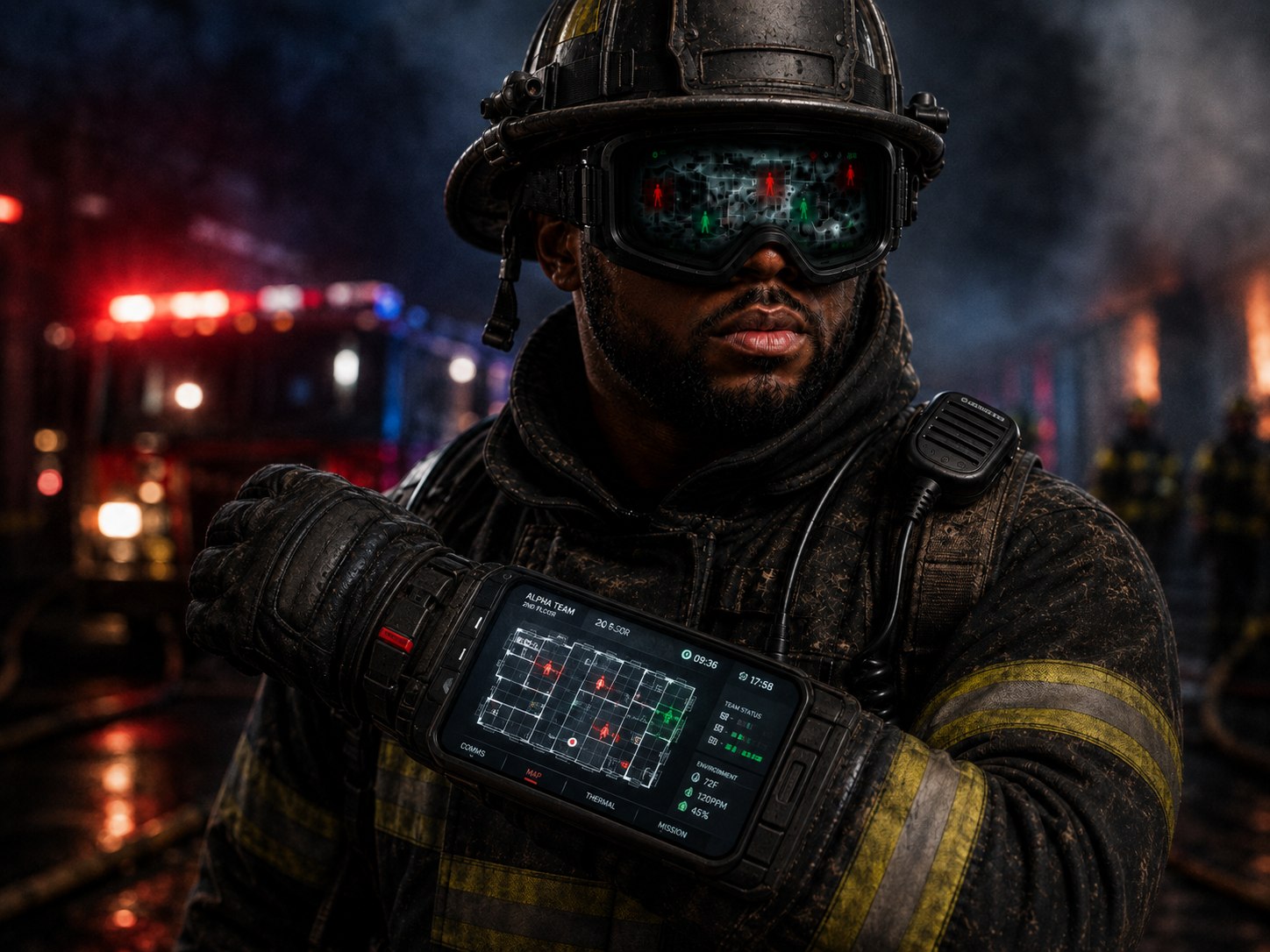 Concept render: firefighter reading a forearm-mounted DefenseRyT Tech Sleeve at a night fireground, floorplan and occupant positions on the display