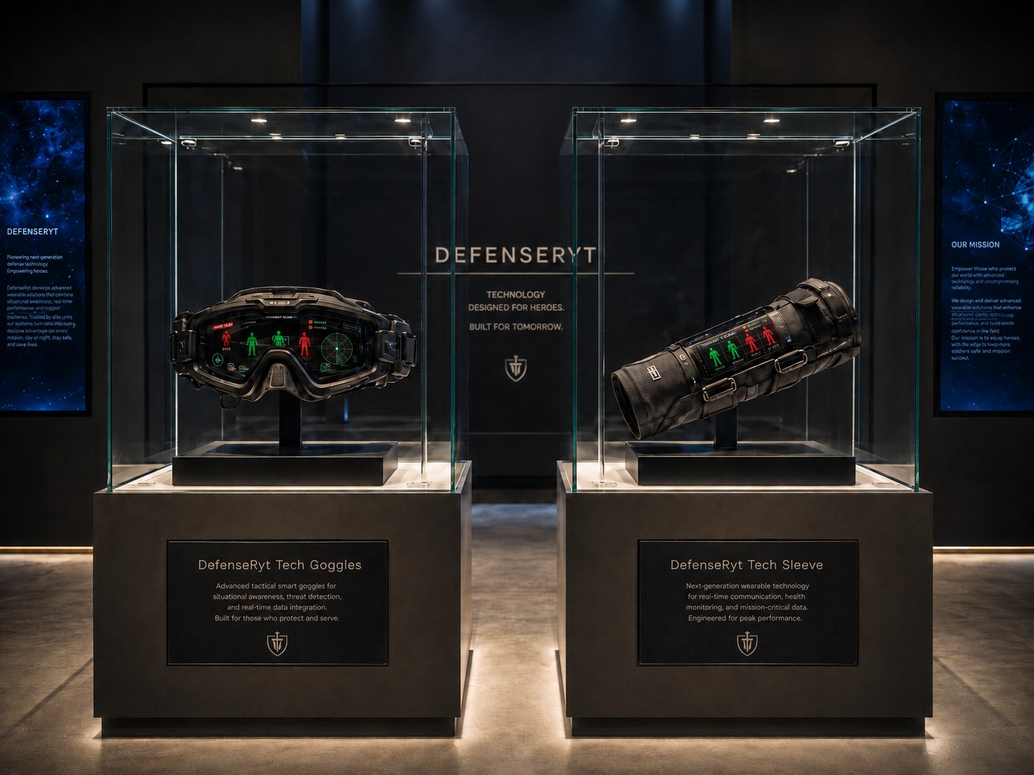 Concept renders of the DefenseRyT Tech Goggles and Tech Sleeve displayed in lit glass cases